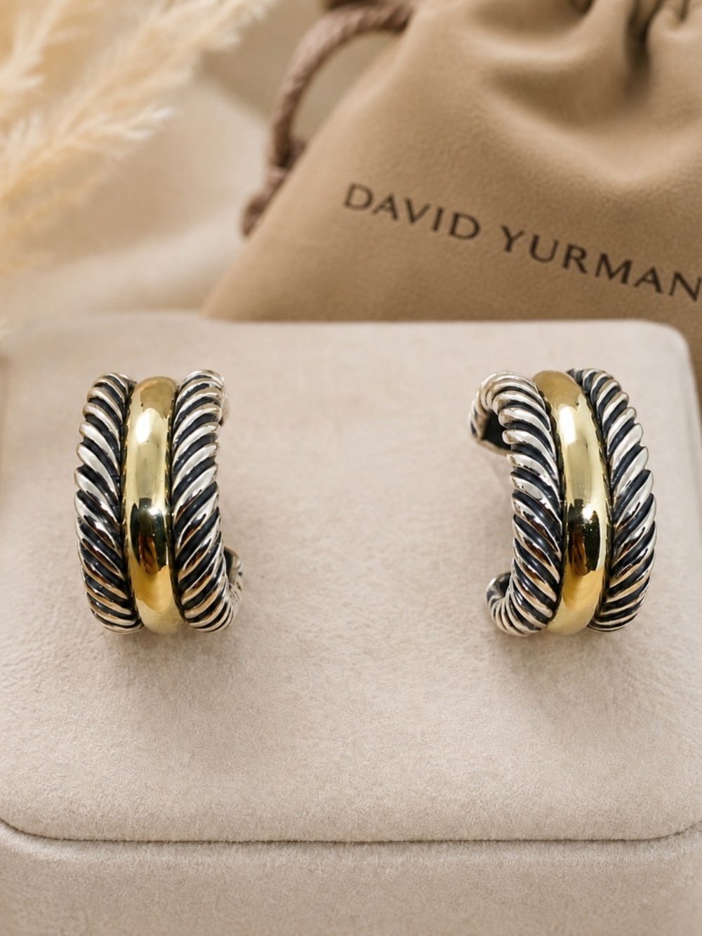 David Yurman Sterling Silver & 14K Gold Cable Huggie Hoop Earrings